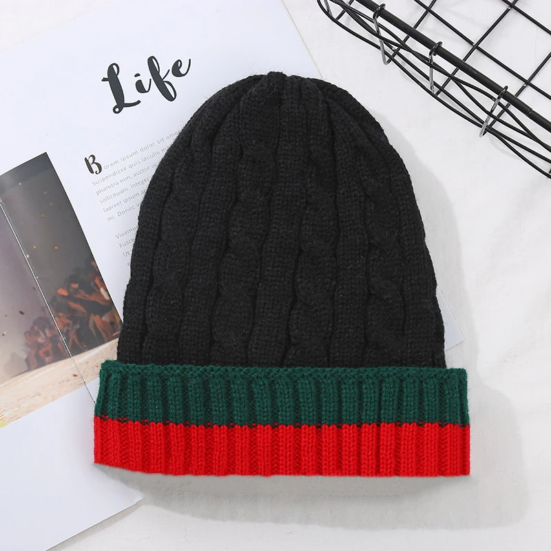 Winter Warm Pullover Hat for Women\'s Twist Velvet Beanie Fashion Stretch Knit Sweater Hat Hot Brand Stripes Casual Cap for Men