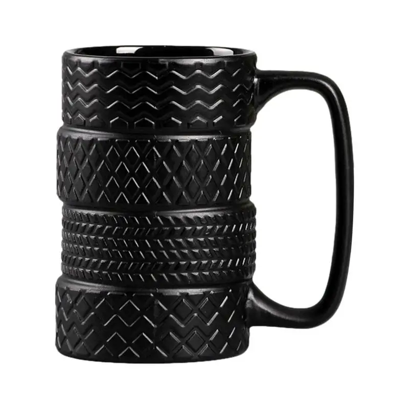 3D Car Tire Ceramic Mug Unique 400ml Novelty Gift, Black Frosted Design for Cool Coffee and Tea Moments Large and Distinctive