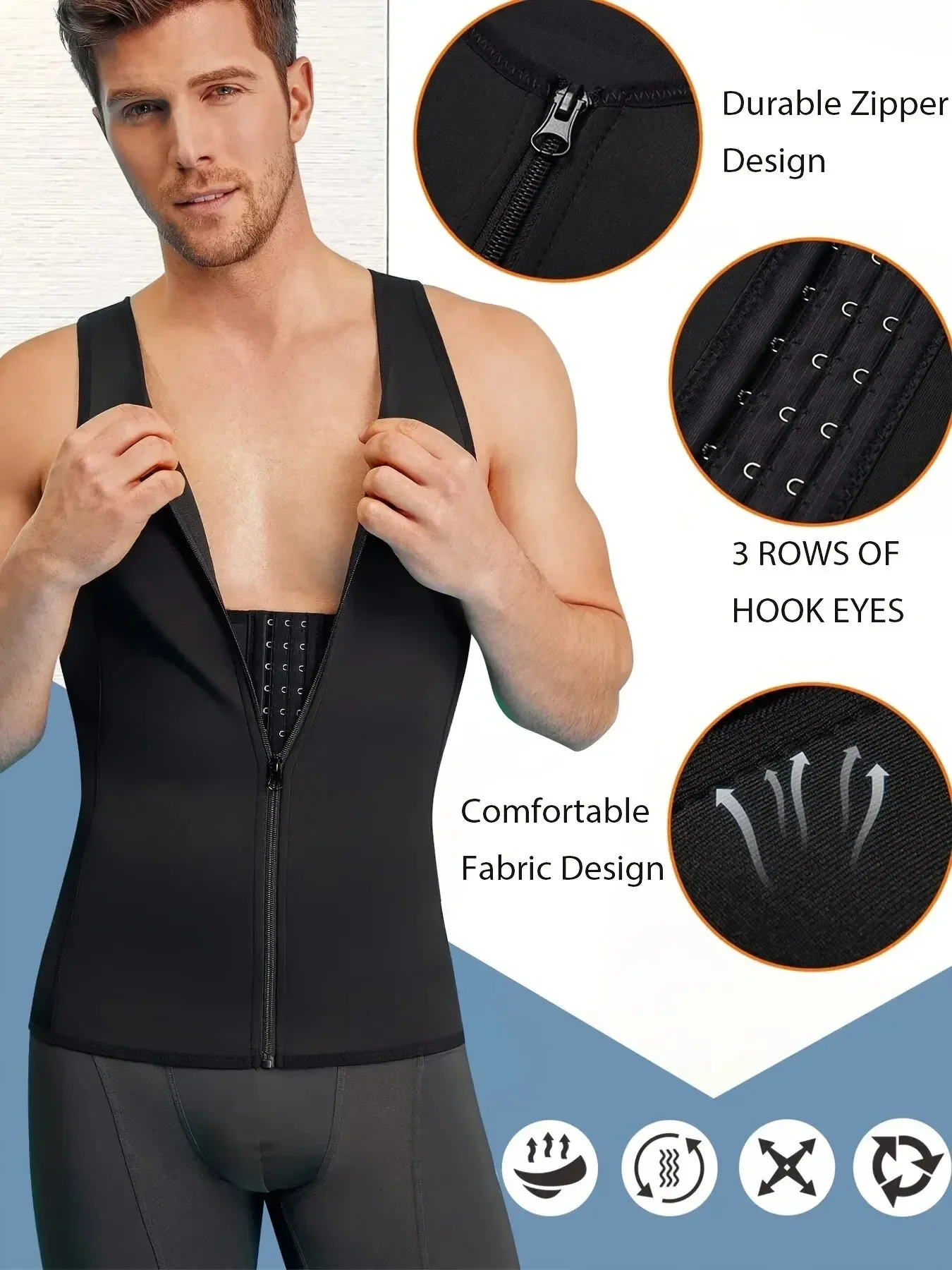 Men's Slimming Tank Top Body Shaper Comfortable Compression Vest With Zipper, Strong Back Support Undershirt Compression Tank