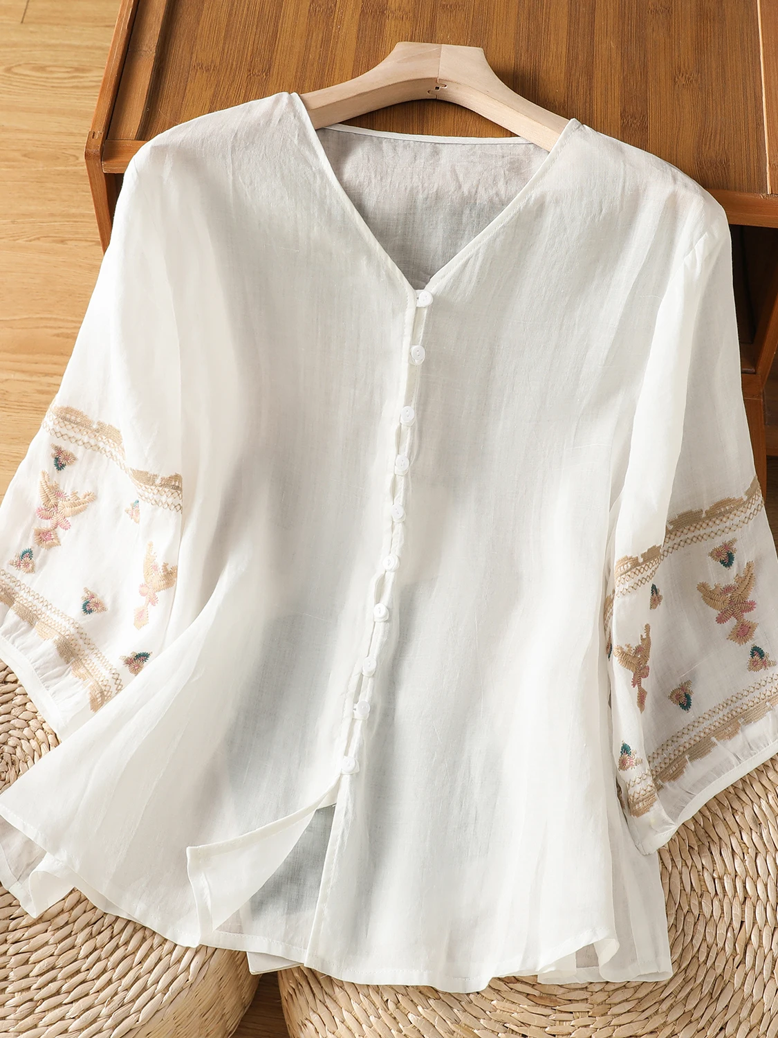 

Elegant Summer New Style Women's Embroidered Loose Slimming Fashion Single Button Long Pants Suit Casual Cotton Polyester Blend