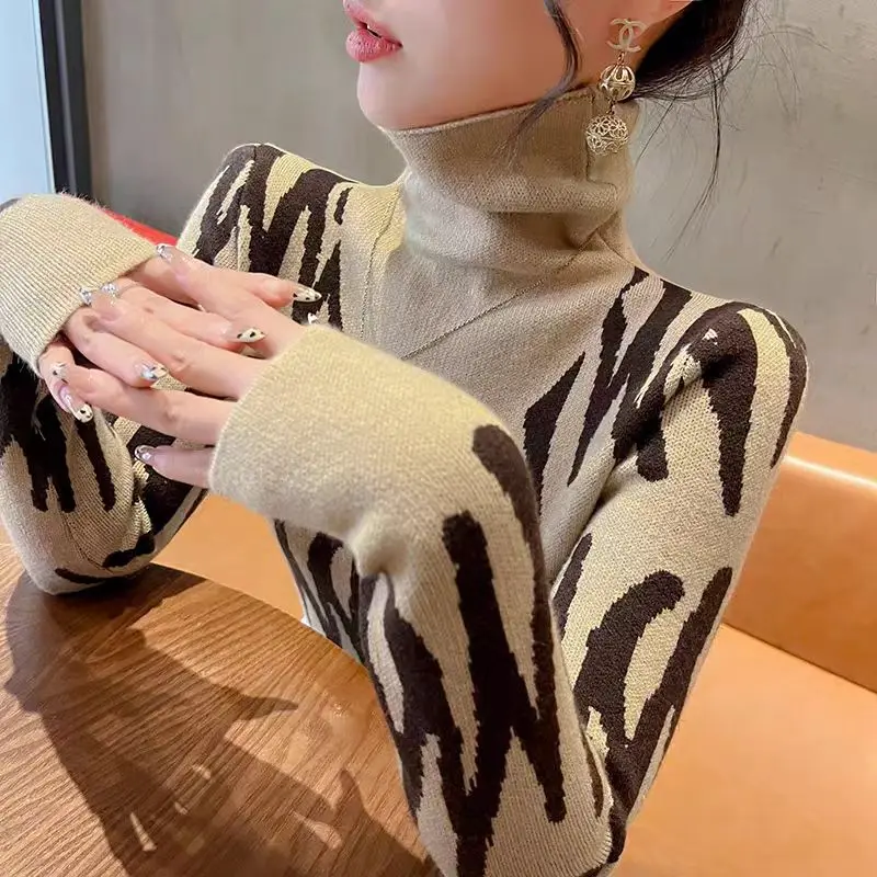 Women Clothing Elegant Chic Long Sleeve Turtleneck Turtleneck Autumn Winter Fashion All-match Slim Knit Pullovers Geometric Tops