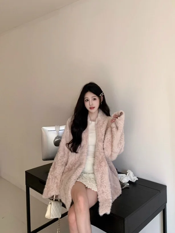 

Sweet Gentle Sle Fur Velvet Thiened Winter Outerwear Women's Mid-Length Fur Coat Inteated Leather And Fur Coat