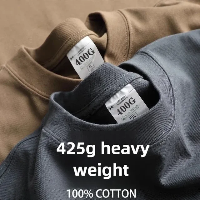 Ciężki 425 gramów Męski T-Shirt Bawełniany Półrękaw Oddychający Wysokiej Jakości Okrągły Dekolt Podstawowe Topy Męskie Letni T-Shirt