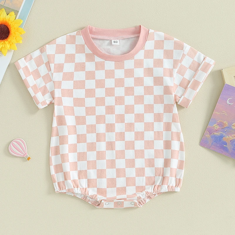 

Infant Baby Boys Girls Summer Jumpsuits Checkerboard Print Round Neck Short Sleeve Romper Playsuits Toddler Overalls Clothes