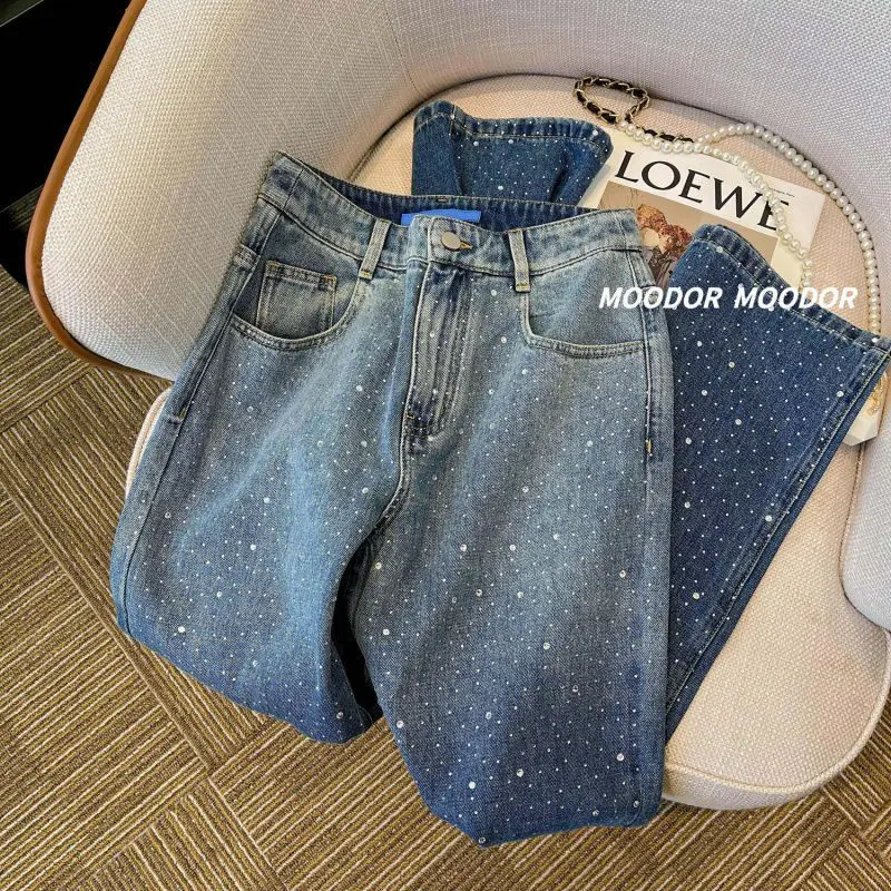 Calça jeans feminina de cintura alta, pernas largas, calças retas, novo, feminino, strass, quente, pequeno, cintura alta, incrustado de diamantes