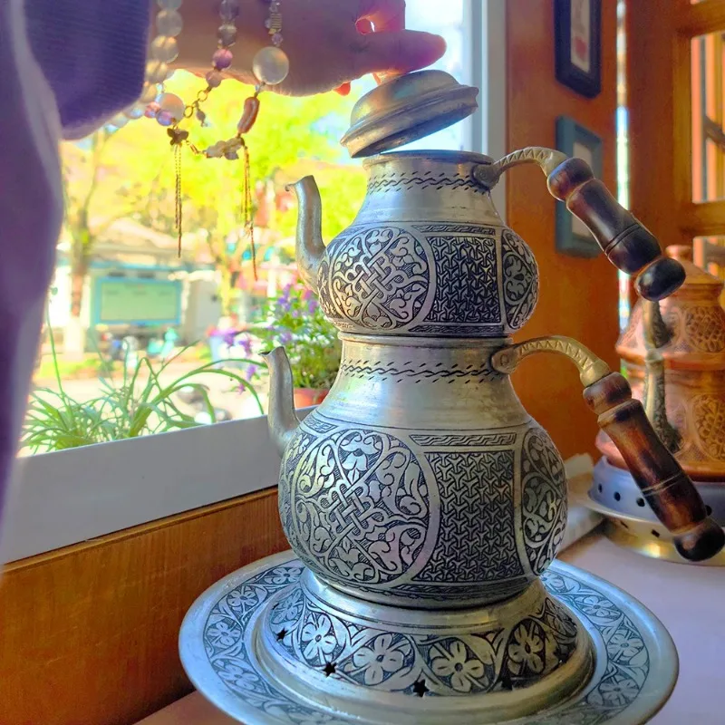 Hand Carved Turkish Pure Copper Teapot Household Outdoor Brewing Kettle Vintage Copper Craft Decorative Tabletop Ornament