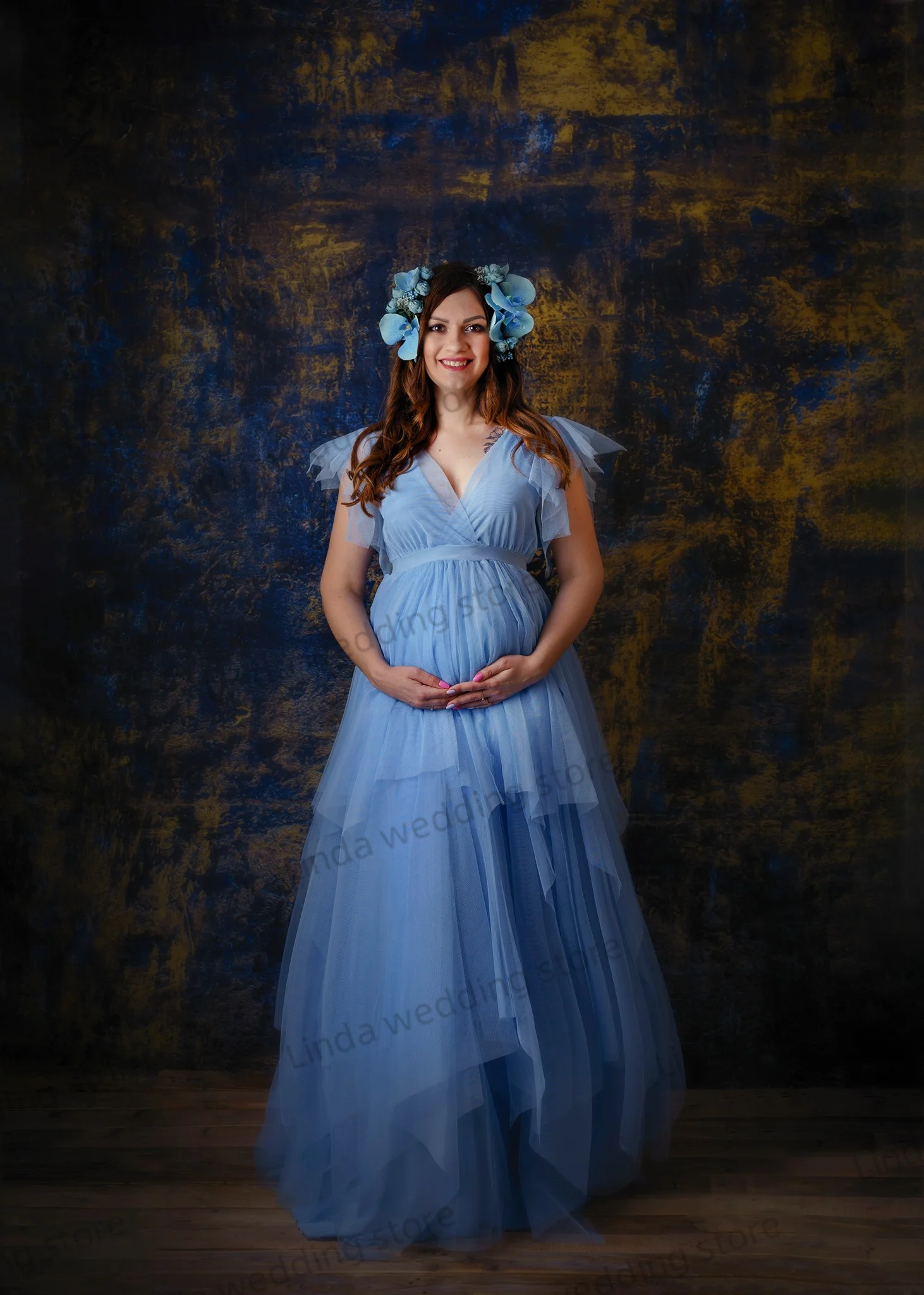 Morden Sky Blue Maternity Dresses Morden Empire Tulle Prom Gowns Photography Sleeveless TIered Robes Floor Length Baby Shower