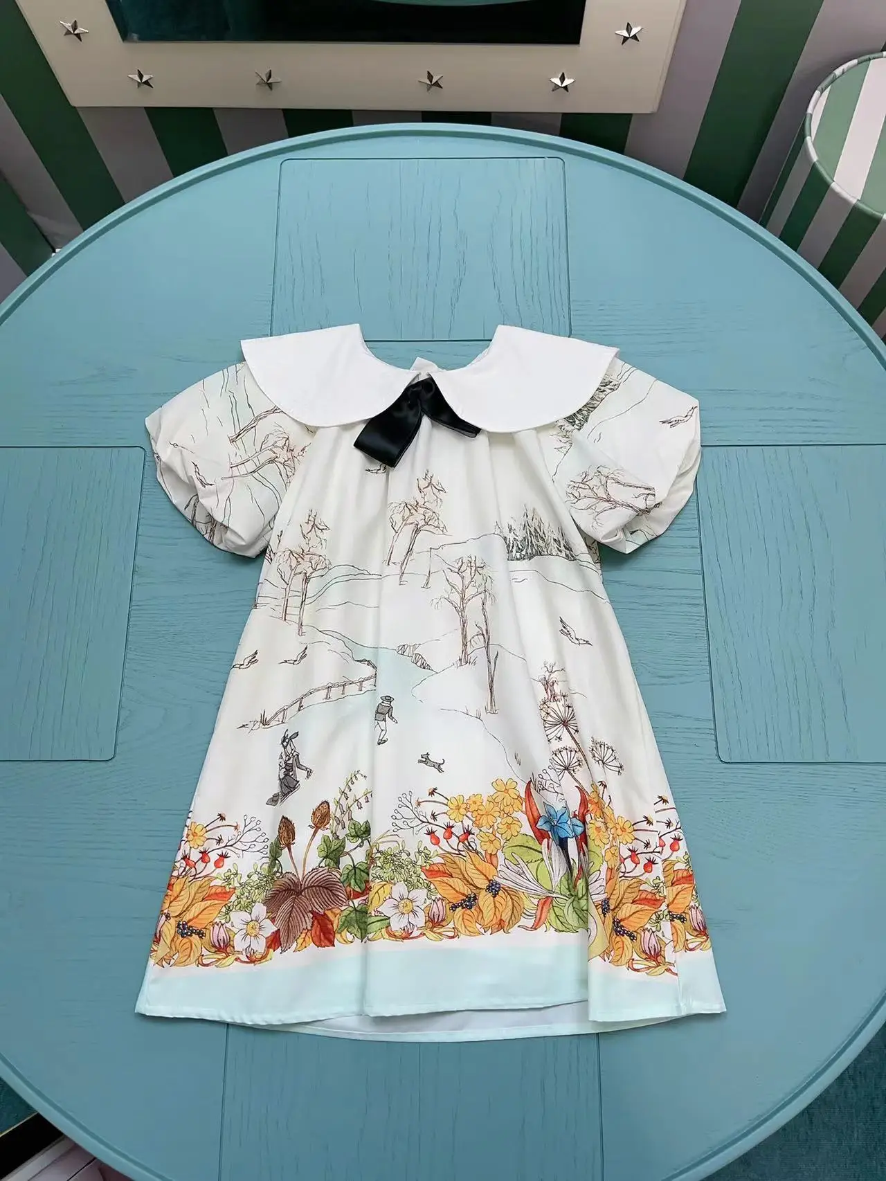 high fashion kids clothes 2024 summer new design floral printed girls short sleeve dress with bow for baby girls