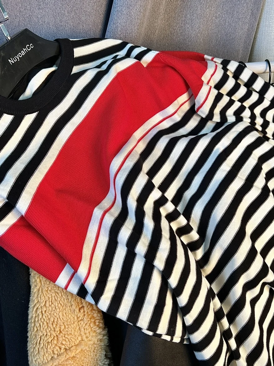 

American Sle Striped Knitwear Women's Loose Spring Autumn Top Color Blo Sweater Commute Sle Long Sve round Ne