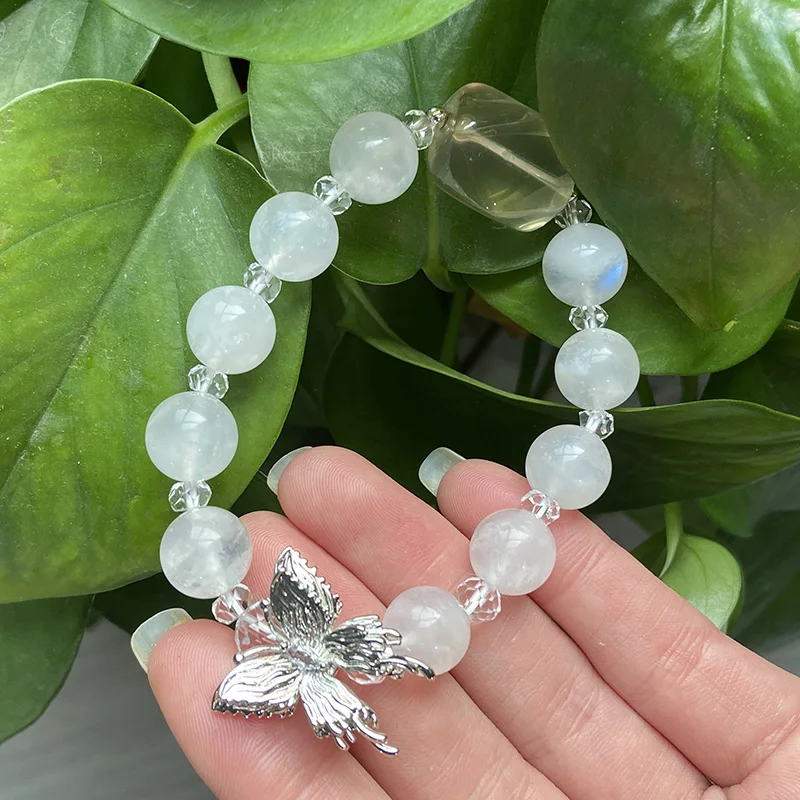 Moonstone Irregular Natural Gemstone Bracelet for Men and Women Stainless Steel Butterfly Bracelet Unisex Lucky Wrist Jewelry