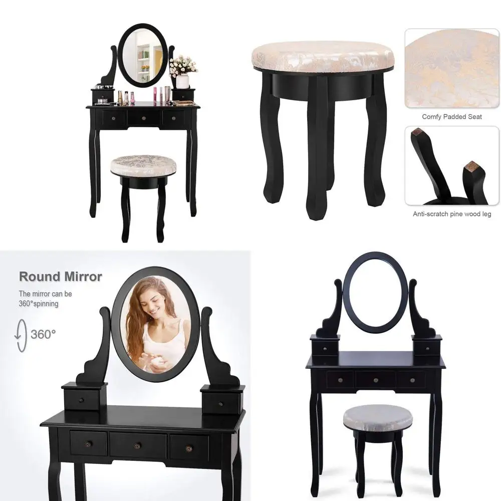 

Вращающийся туалетный столик с мягким стулом, круглым зеркалом, 5 ящиками, съемной столешницей, для спальни или гостиной, черный