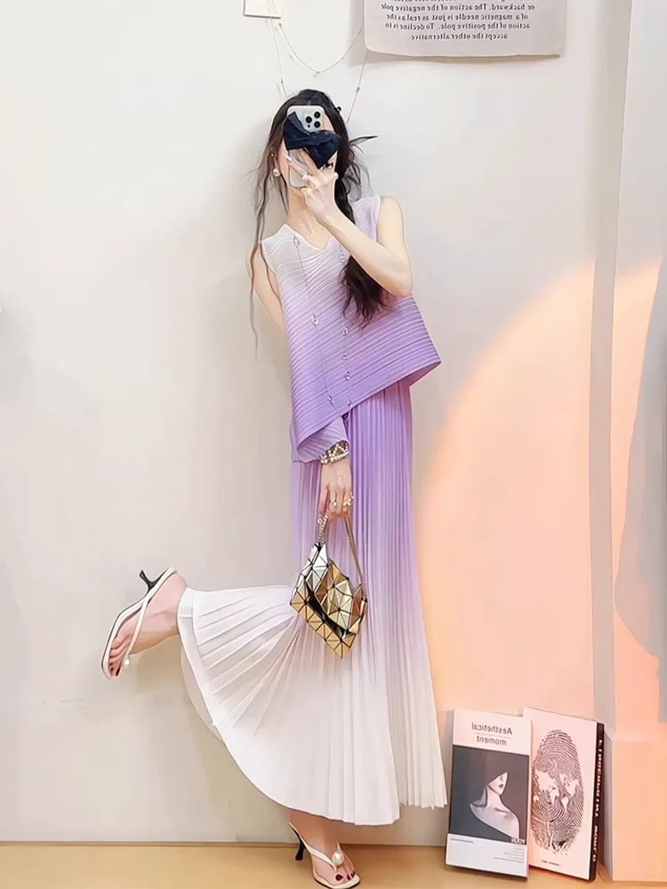 

High Waist A-Line Skirt And Top Set Summer Fashion Purple Gradient Sleeveless Asymmetrical Skirt Polyester Material