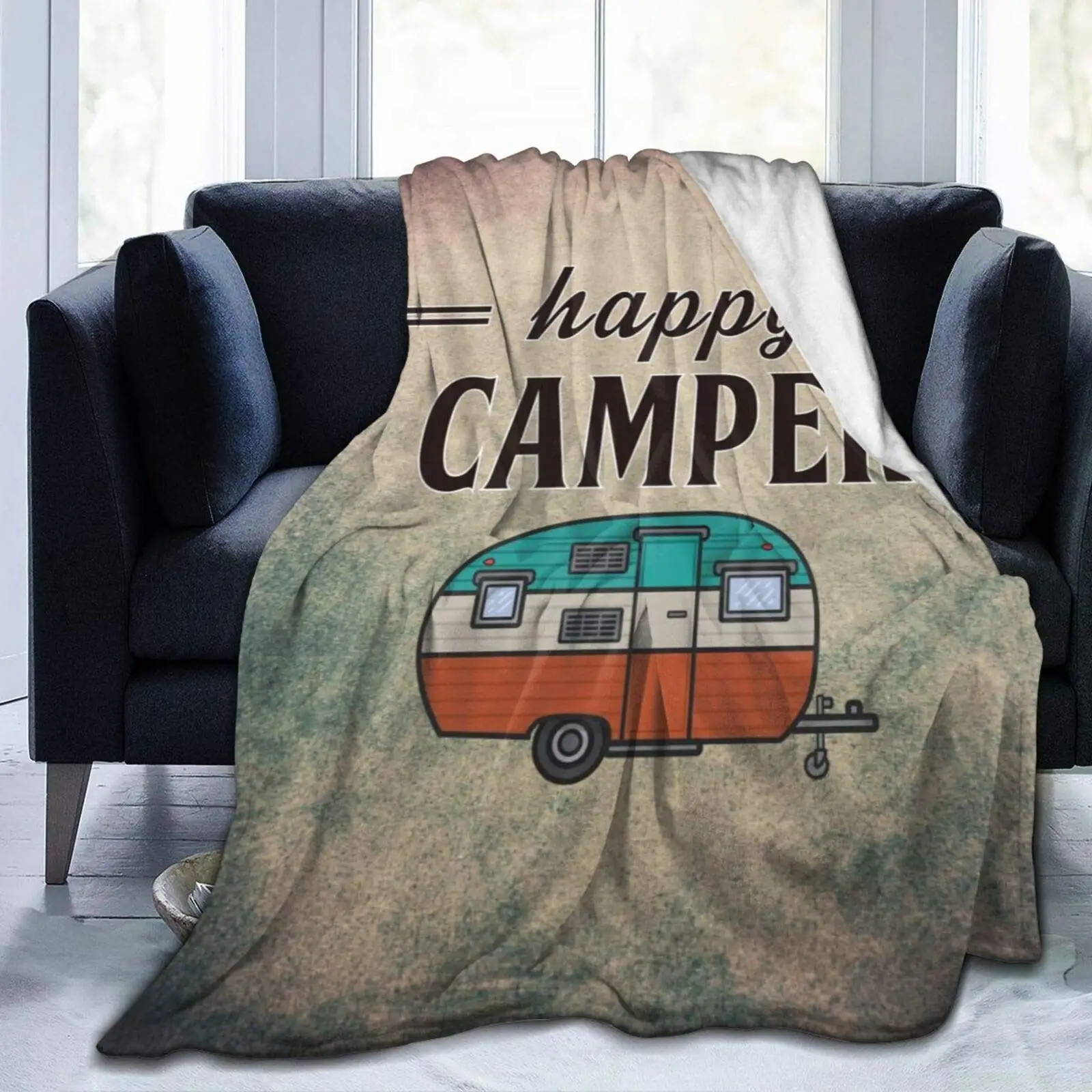 Cute Vintage Cartoon Happy Camper Fall Throw Blankets Luxury Soft Cozy Warm Blanket for Traveling Camping Outdoor All Season