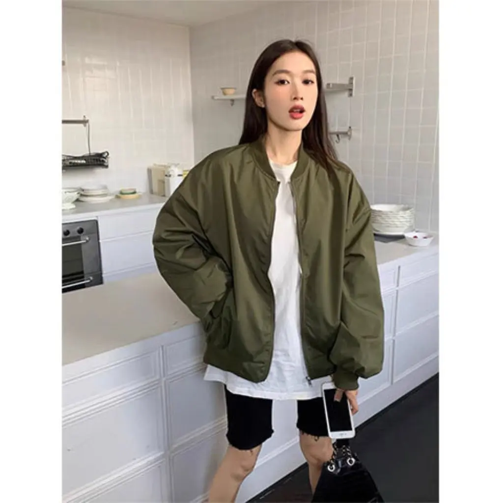 

Корейская шикарная женская бейсбольная куртка в стиле ретро с круглым вырезом, тонкая повседневная свободная посадка на осень-зиму, универсальная рабочая униформа