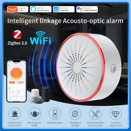 Alarma de sirena inteligente Tuya Wifi Zigbee para seguridad del hogar, Sensor de alarma de luz y sonido, Control por aplicación Smart Life, asistente de Google Alexa