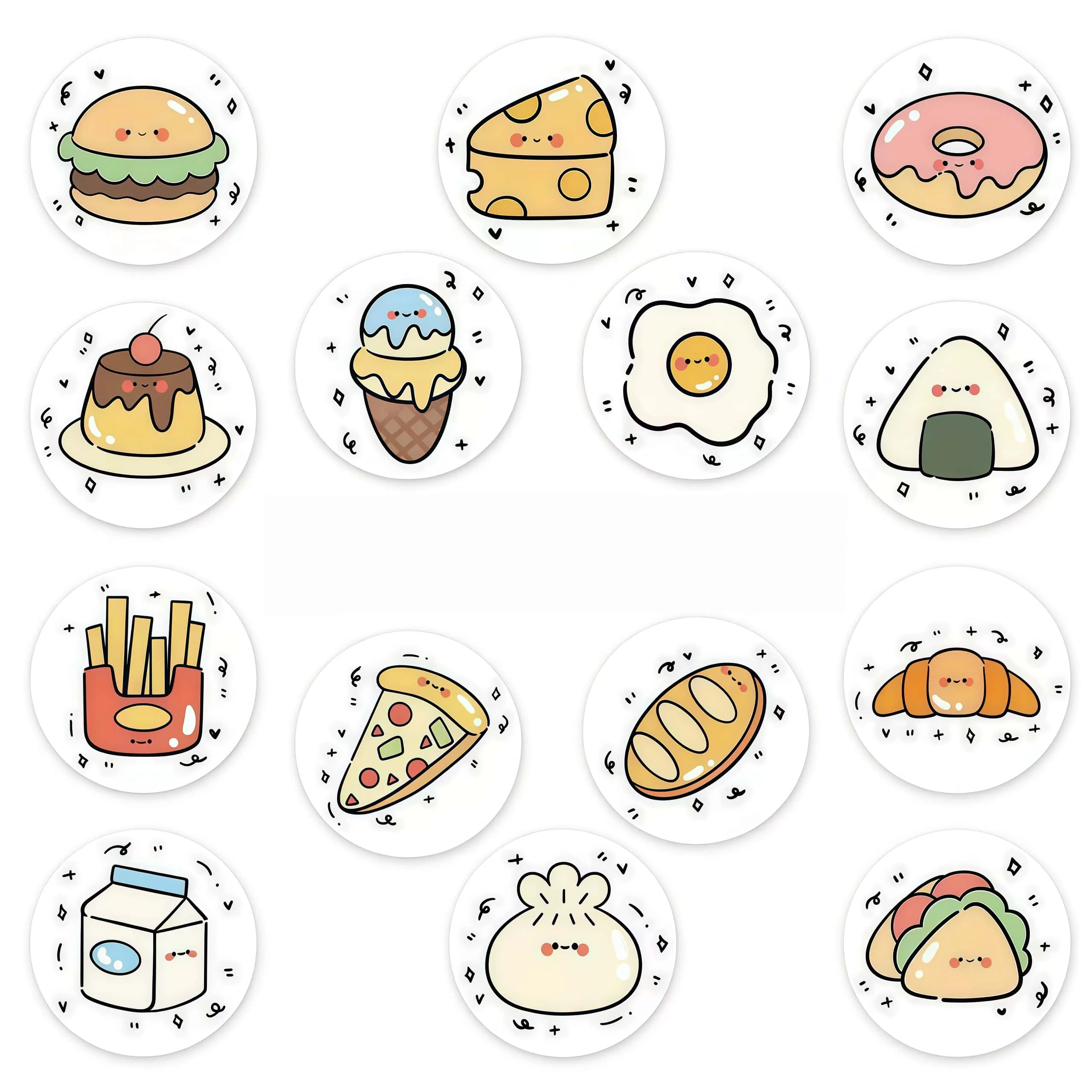 500Pcs Cute Cartoon Food Roll Stickers, Kawaii Round Snack Dessert Burger Donut Stickers for Laptop Bottle Scrapbook Decor
