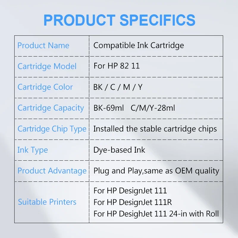 11 82 Replacement Ink Cartridge For HP Designjet 111 111R Printer (CH565A C4836A C4837A C4838A)