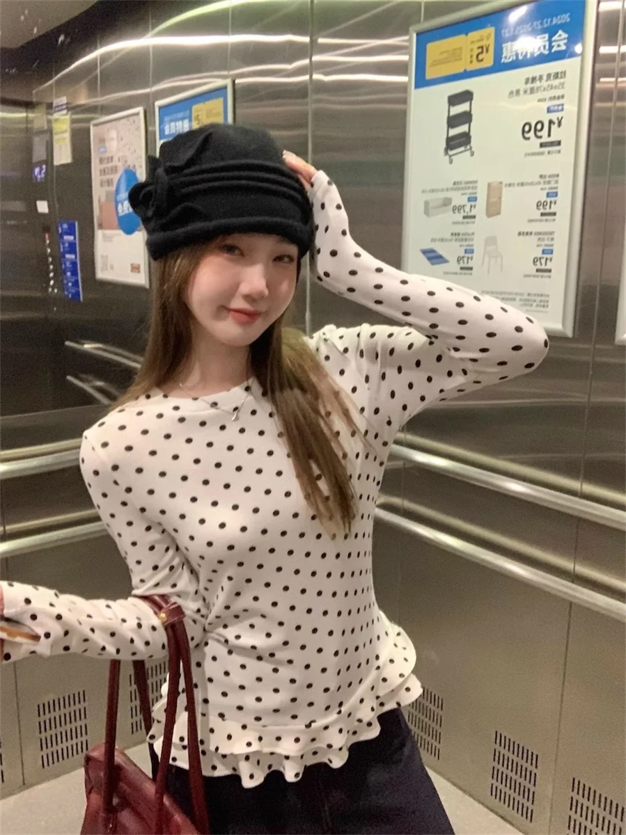 New Ruffle Trim Long Sleeve T-Shirt Polka Dot Thin Top Sweet Stylish T Shirt Spring Chic Ruffle Edge Base Shirt Spicy Girl Y2k