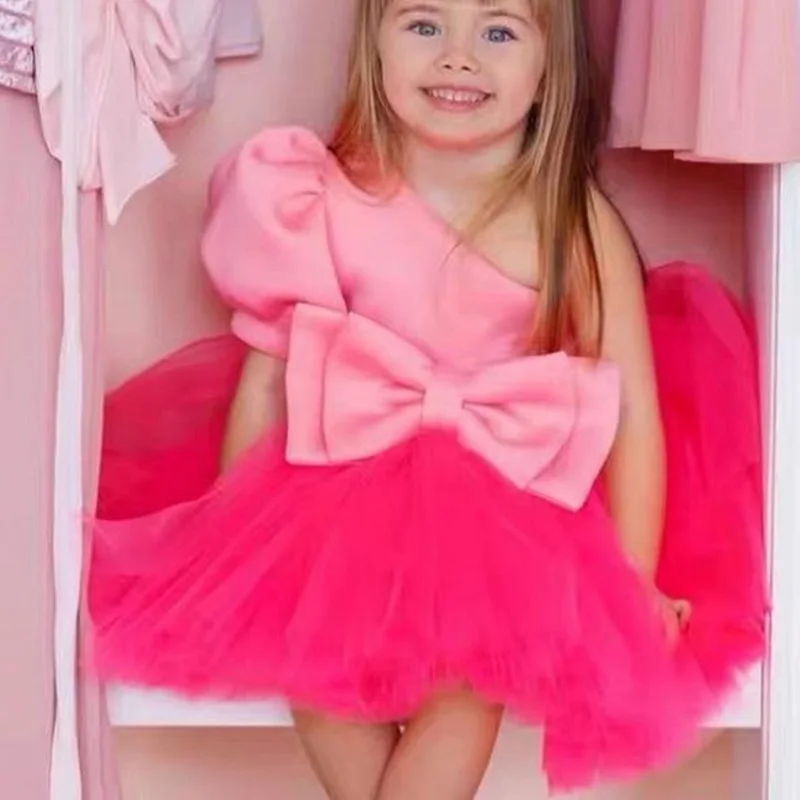 Fashion Baby Girl Princess Off Shoulder Bow Tutu Dress Infant Toddler Vestido Party Wedding Pageant Birthday Baby Clothes 1-10Y