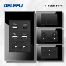 DELEFU 4*2 Preto Vidro Temperado Brasil Tomada Padrão Dual Usb Tipo C Tomada de Parede Interruptor Luz Suíça paralelos 10A 20A Carga rápida 20W satélite TV Cat5 Cat6 telefone