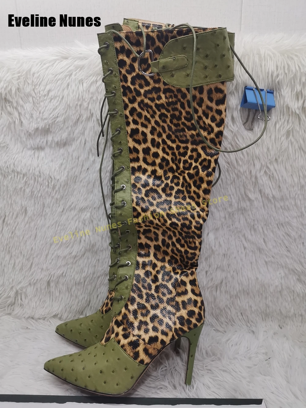 Leopard Cross Tied Patchwork Knee-High Boots Pointed Thin Heels Zipper Closure Sexy Runway Show Modern Booties Spicy Girl Newest