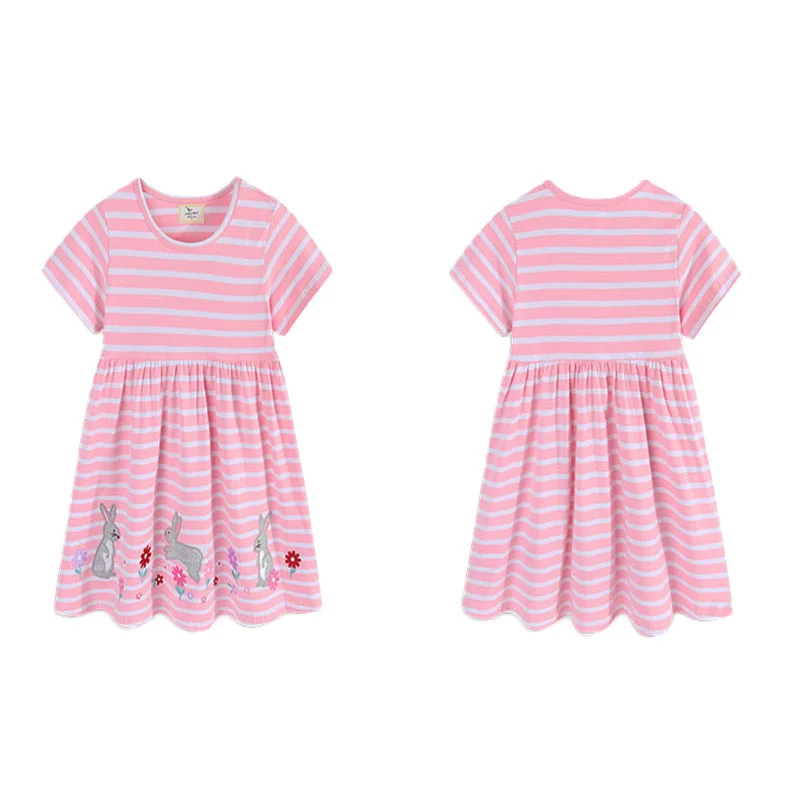 Jumping Meters 2-7T Striped Princess Dress for Girls Bunny Embroidered Short Sleeve Summer Party Birthday Costume Baby Frocks