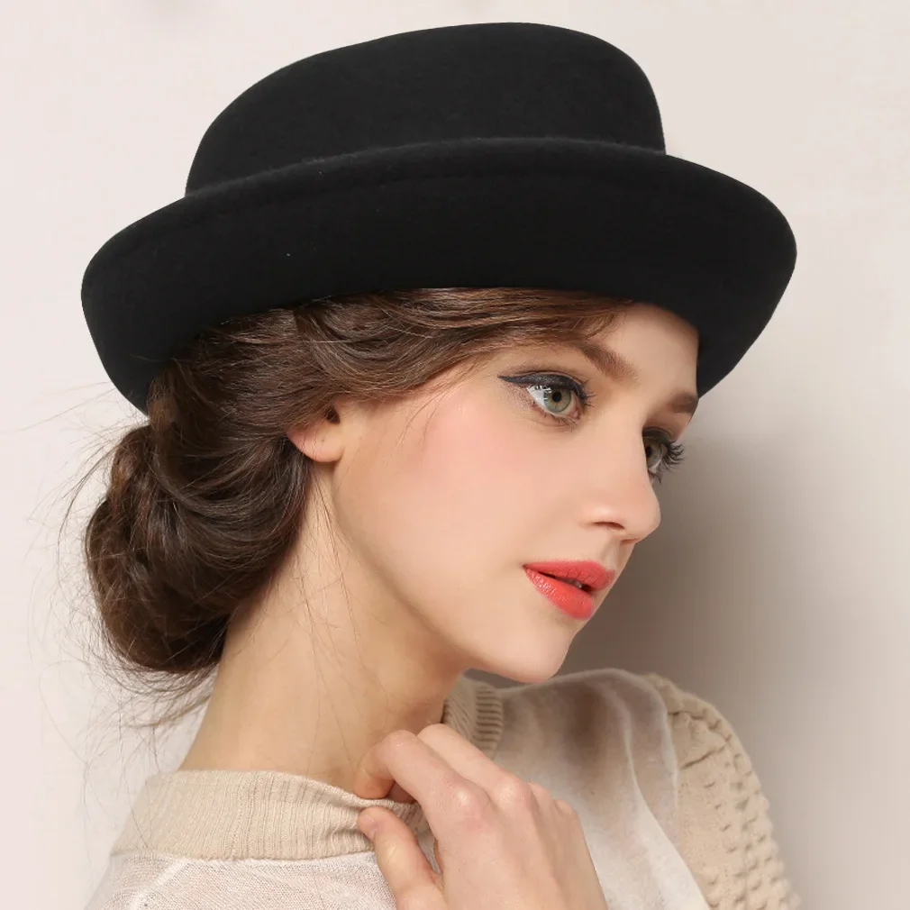 

100% Wool Black Billycock Roll Brim Fedora Hat Women British Concave-Convex Top Hat Designer Church Hats Ladies Elegant Felt Cap