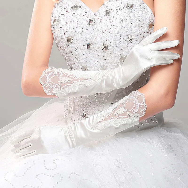 Satin Lace Wedding Gloves 2023 Beaded Fingers Elbow White Bridal Gloves Bride Women Party Formal Gloves