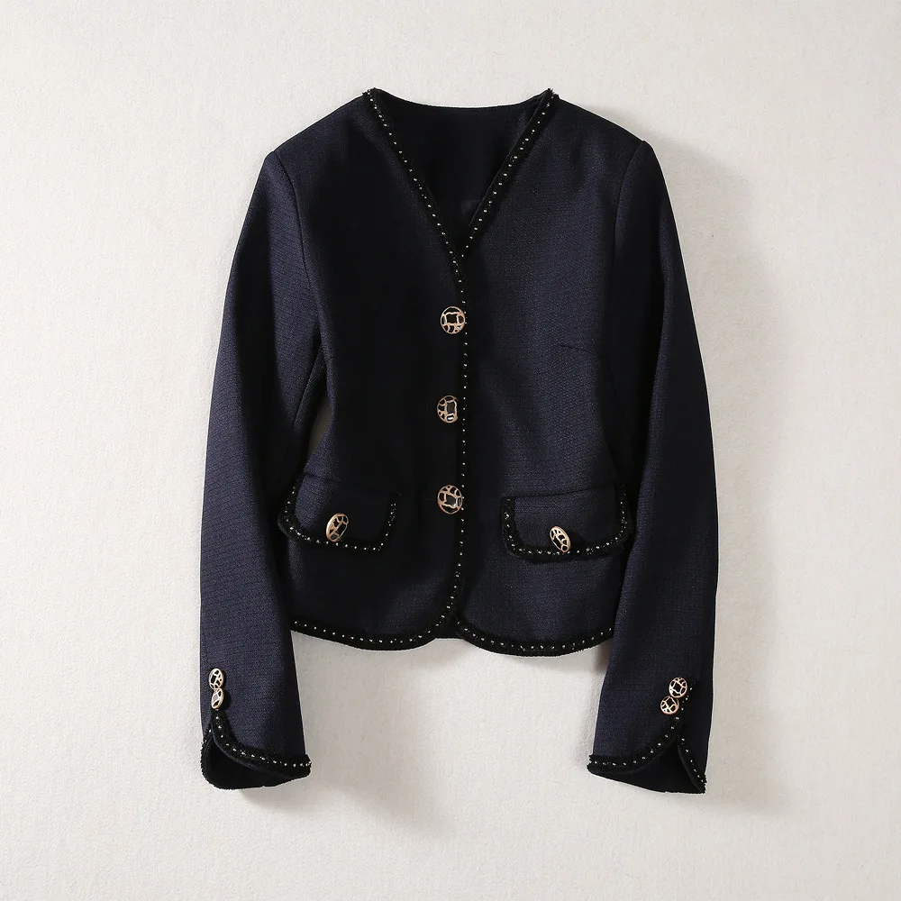 Veste à simple boutonnage et jupe boutonnée pour femme, ensemble 2 pièces, col en V, manches longues, avocat, bleu marine, automne, hiver, 2024