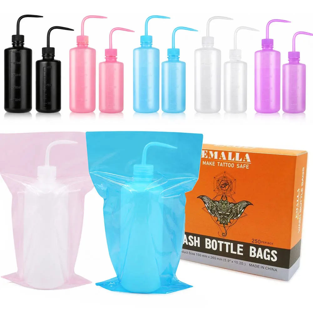 250pcs Tattoo Wash Bottle Bags with 250/500ml Squeeze Bottles Disposable Wash Bottle Covers Sleeves Tattoo Accessories