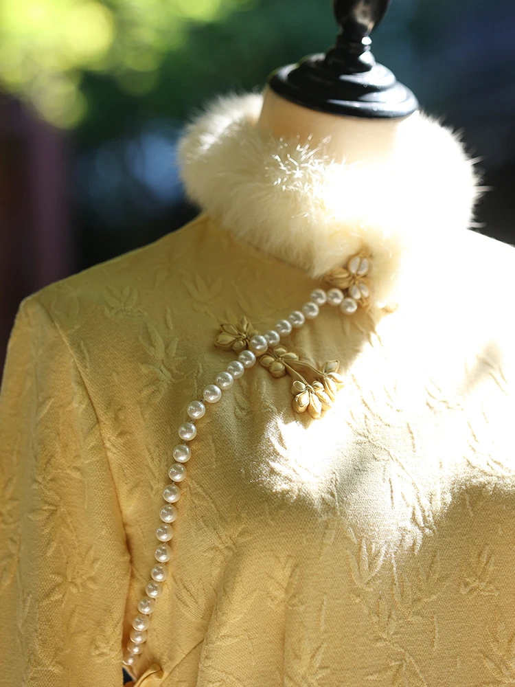 

Желтое расклешенное ципао для девочек с флисовой подкладкой, теплое, с длинными рукавами, в пол, традиционный китайский костюм