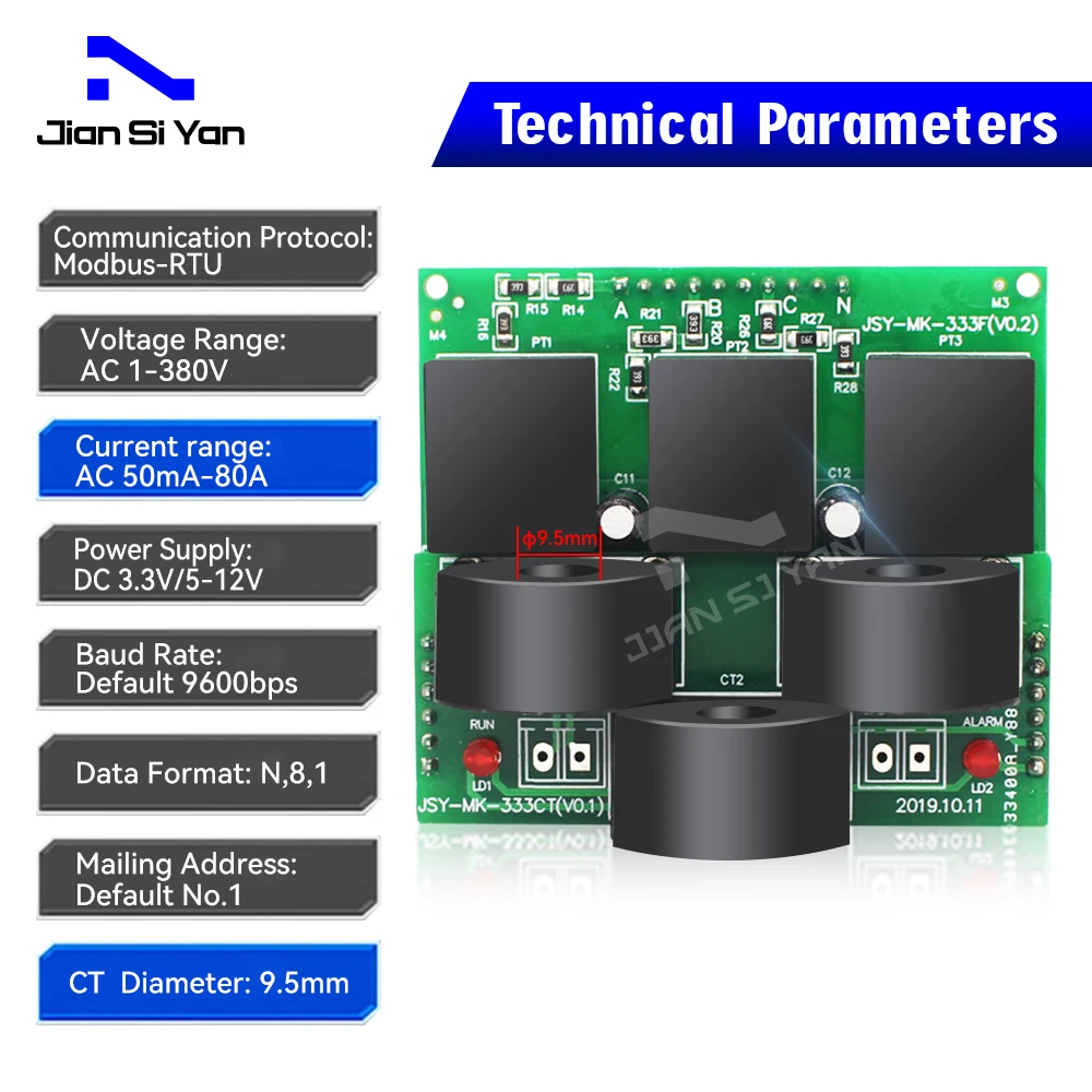 Customized 80A Three phase Power Energy Meter Module With On-board Enclosed 9.5mm Diameter Current Transformers