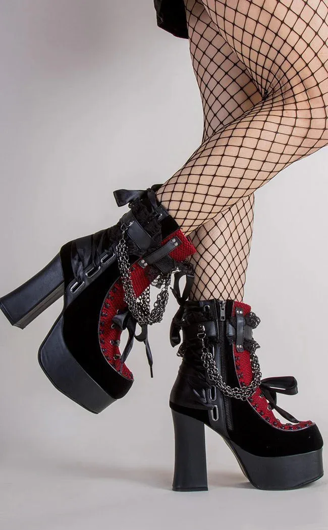 Gothic Ketten-Spitzen-Schleifen-Plateau-Stiefeletten Retro Runde Zehenpartie Quadratischer Absatz Klobige Plateau-Kurzstiefelette Damen Punk Party Schuhe – Detail 3