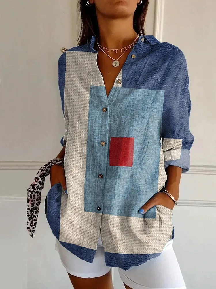 여성용 봄 프린트 셔츠, 패션 긴팔 V넥 버튼 셔츠 탑, 캐주얼 보헤미안 휴가 여성 의류, 가을 신상 2025