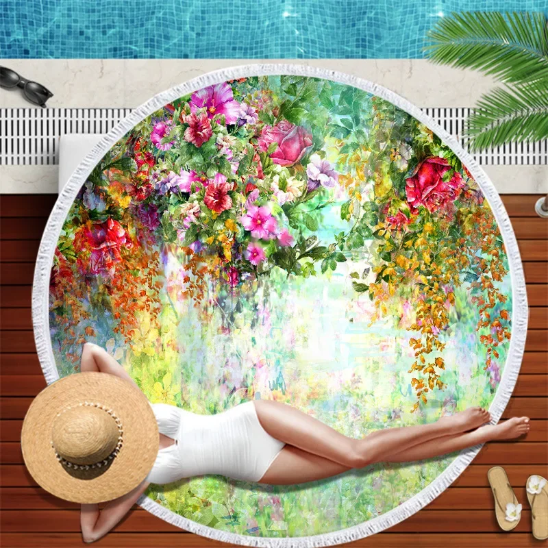 Large Round Colorful Flower Printed Beach Towel Diameter 3D Print Microfiber Blanket With Tassel Fringe Yoga Mat For Adult