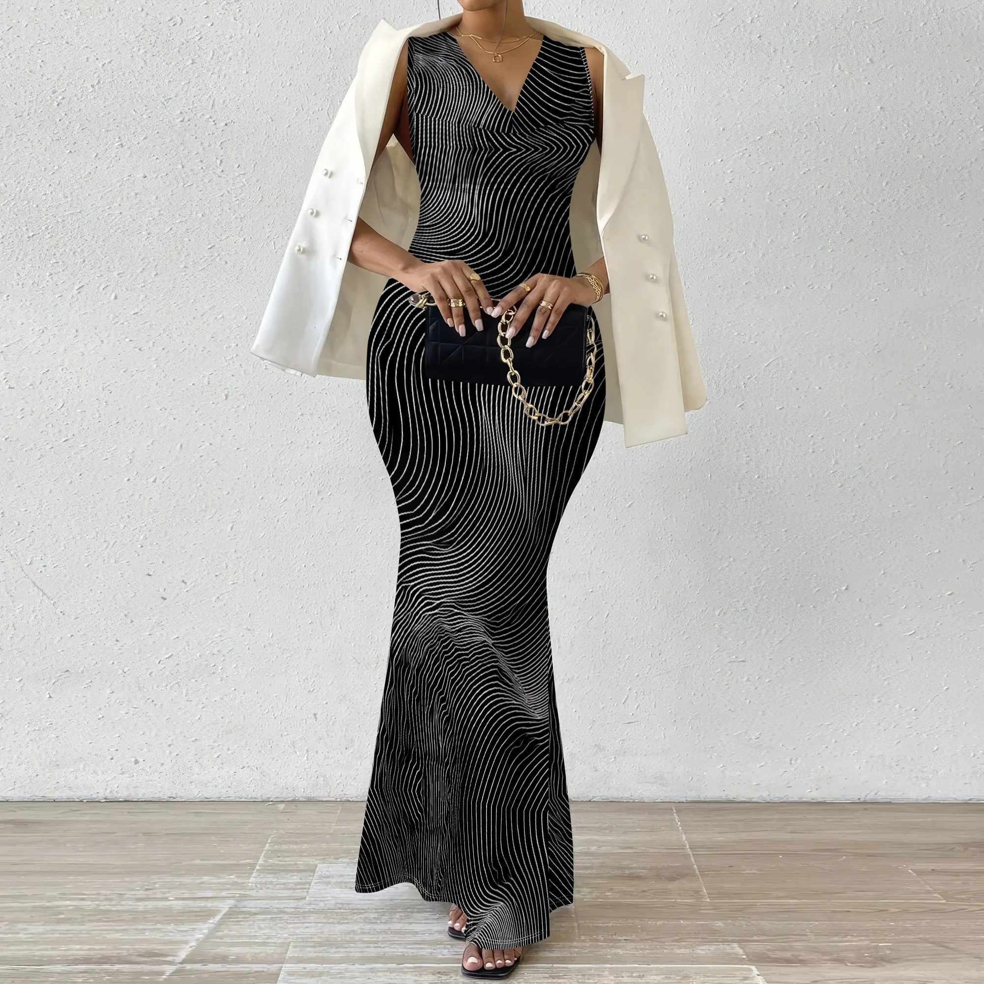 

Elegant Women's V-Neck Maxi Dress Slim Bodycon Party Evening Dress Sleeveless Abstract Wavy Print Fishtail Prom Long Dress