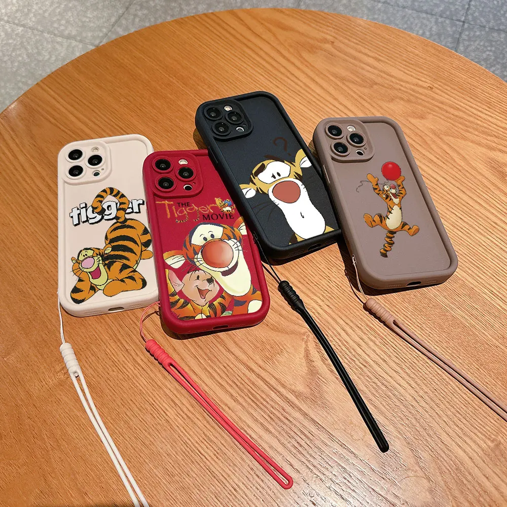 Cute cartoon Tigger Phone Case for IPhone 15 14 13 12 11 Pro Max Mini XR XS X 7 8 Plus Soft TPU Back Cover With Hand Strap