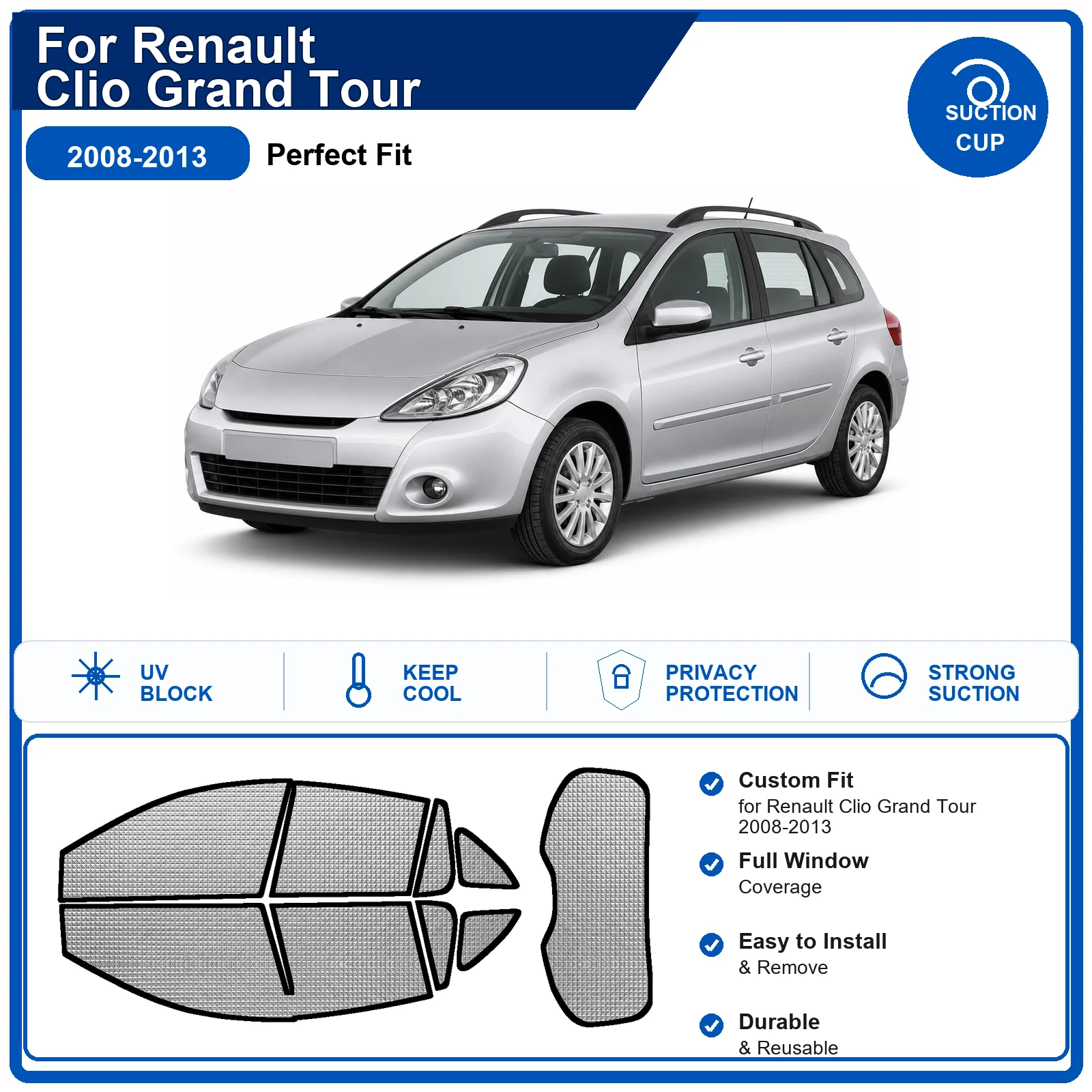 For Renault Clio Grand Tour 2008-2013 Custom Full Set Windshield Sun Shade Aluminum Foil Heat Insulation Anti UV Foldable