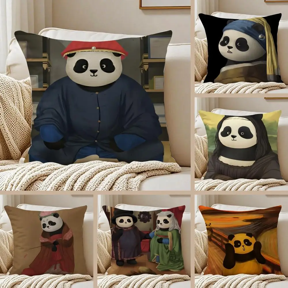 Retro Adorable Cute Panda Cartoon Art Cushion Cover Pillowcase Anti-dustmite Invisible Zipper Short Plush Sofa Cushion