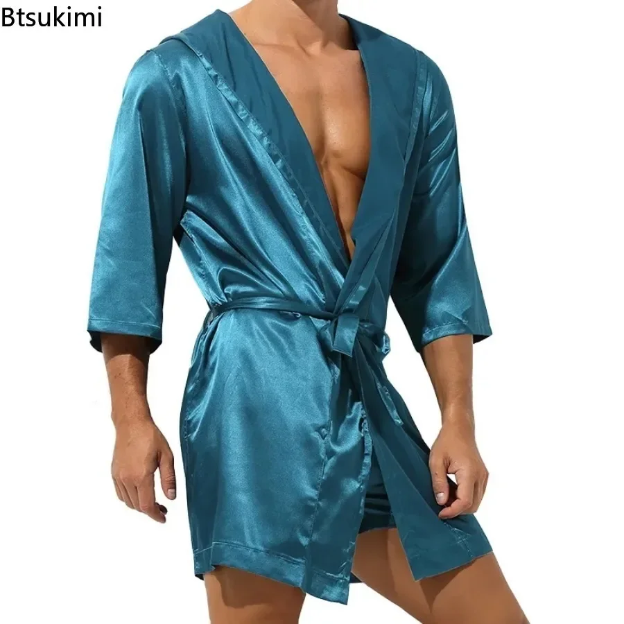 Roupões masculinos de cetim de seda com capuz, roupão longo casual de meia manga, roupa de dormir, roupão de noite para homens