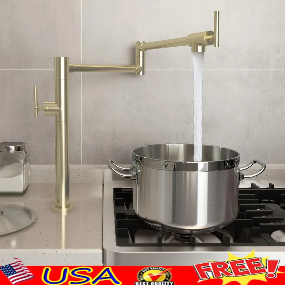 Solid Brass Deck Mount Pot Filler Faucet Swing Arm Folding Kitchen Faucet Dual Joint Counter Mounted