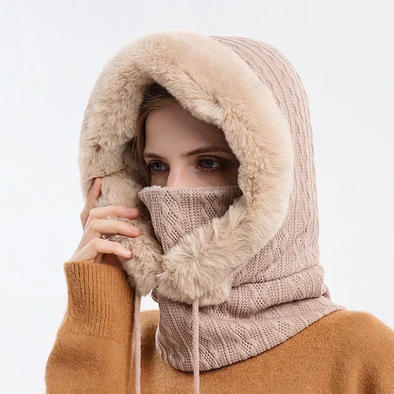 Winter Fur Cap Mask Set Hooded for Women Knitted Cashmere Neck Warm Balaclava Ski Windproof Hat Thick Plush Fluffy Beanies Hood