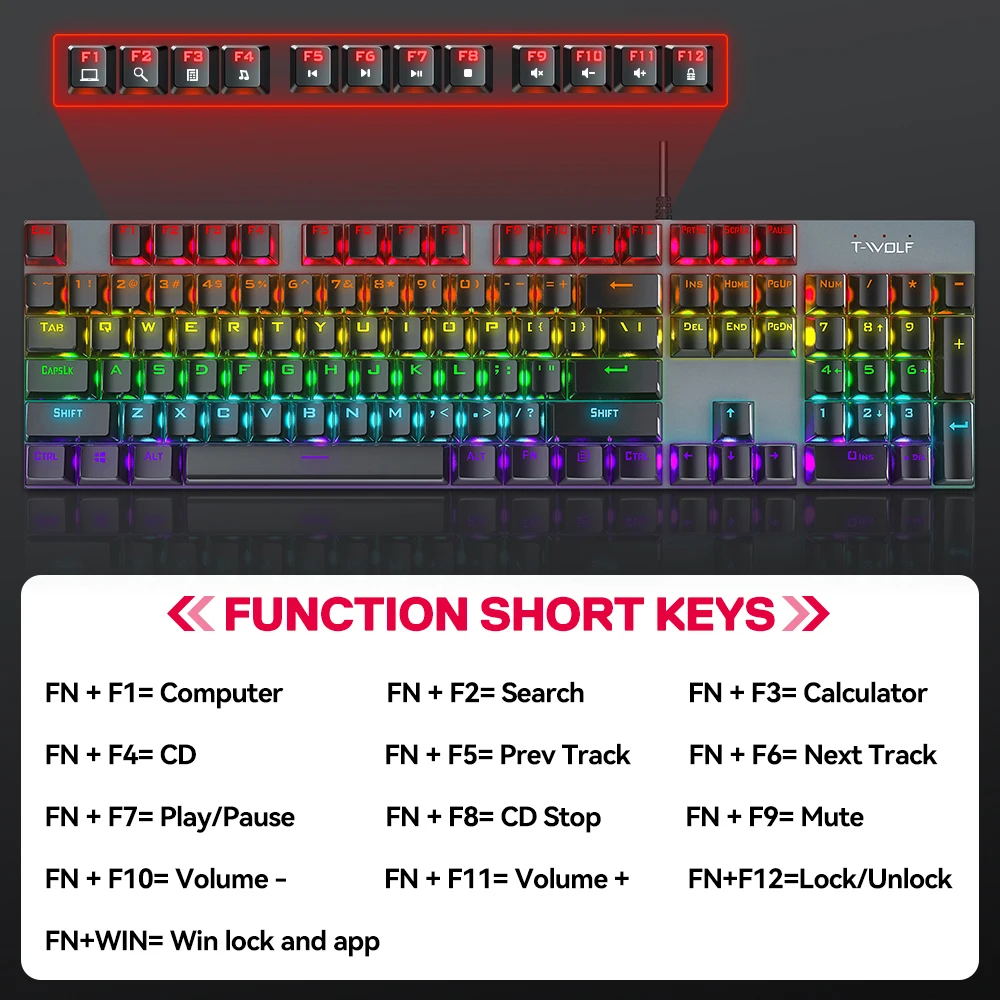 

104 Key E-sports Gaming Metal Keyboard RGB Luminous Wired Mechanical Feel Computer Office Russian Spanish