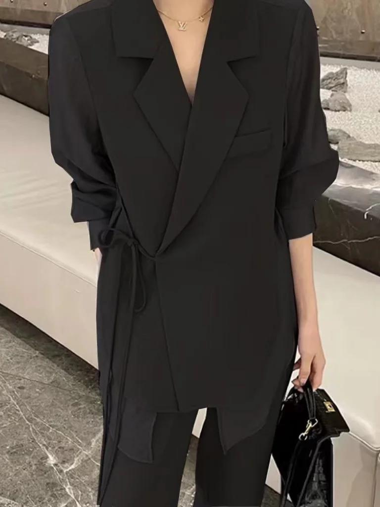Blazer à lacets en dentelle creuse pour femme, pantalon large, ensemble 2 pièces élégant, tenues décontractées de bureau, printemps