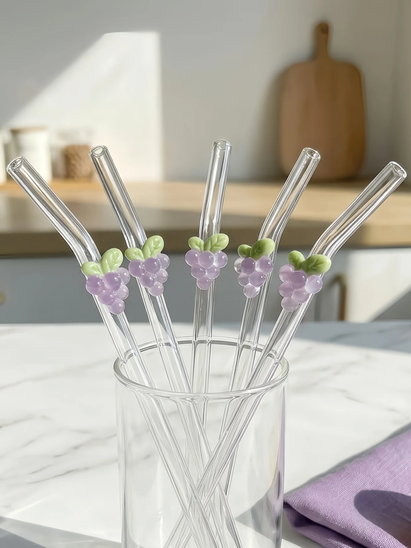 1/2/5PCS Purple Grape Glass Straw,Reusable Curved Set for Smoothies, Cocktails, Iced Coffee, Pool Parties, Weddings, Beach.