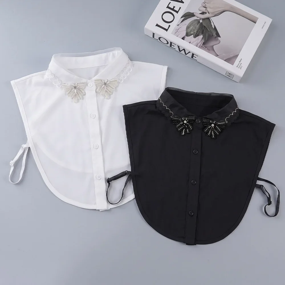 Handmade Beaded Butterfly Fake Collar for Women Chiffon Shirt Collar Decorative Necklace Layering Collar