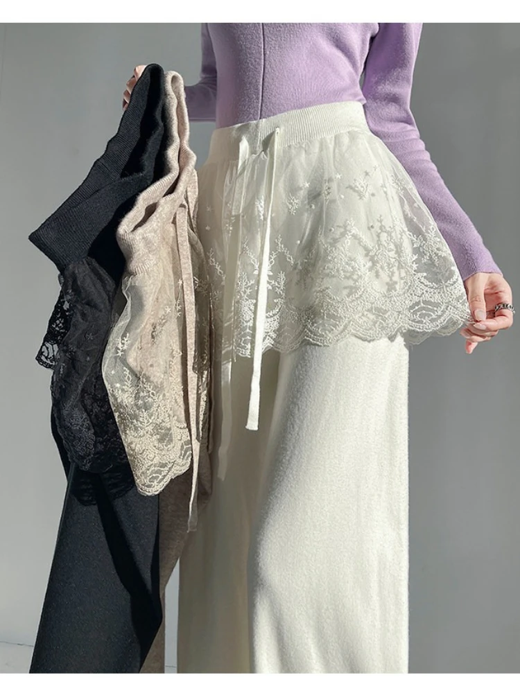 

Women High-waisted Slimming Trousers 2025 Autumn and Winter Lace Patchwork Knitted Sweet Design Sense Wide-leg Pants
