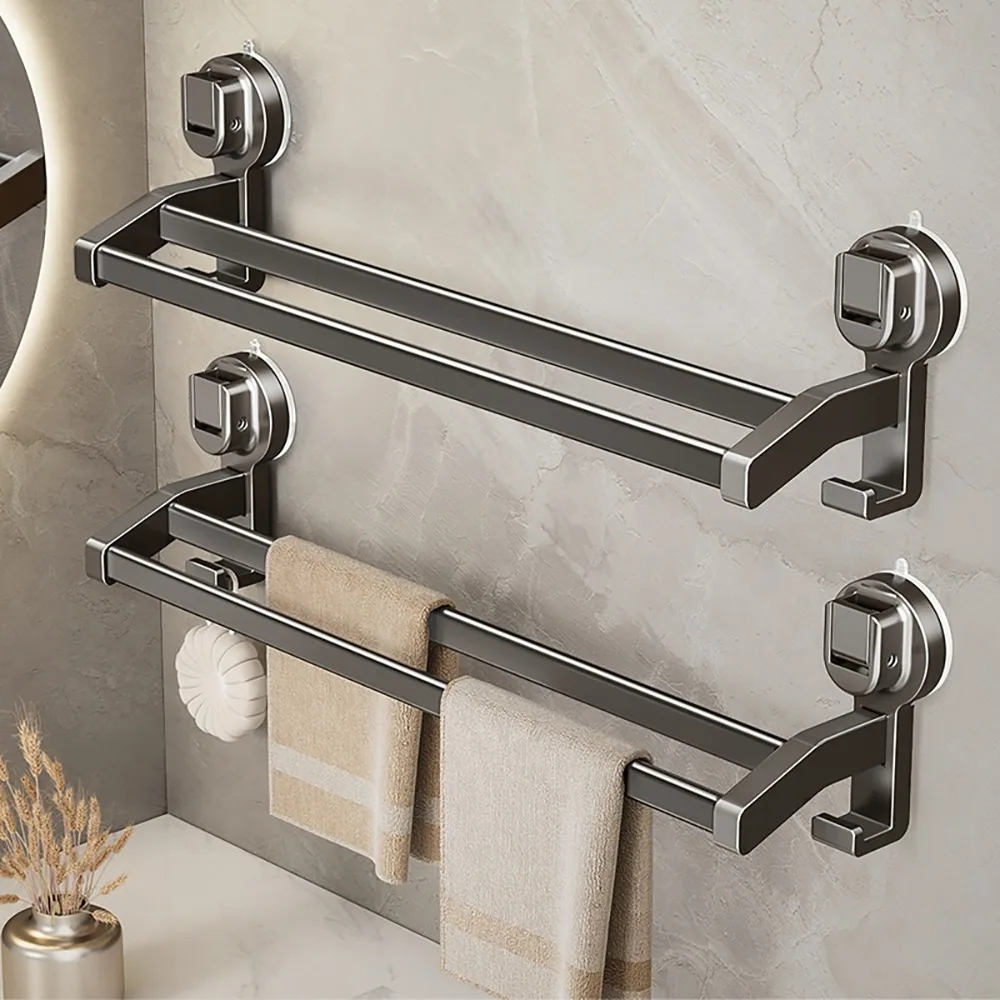 Punching Free Suction Cup Towel Pole with Hook Wall Mounted Bathroom Towel Rack Detachable Strong Load-bearing