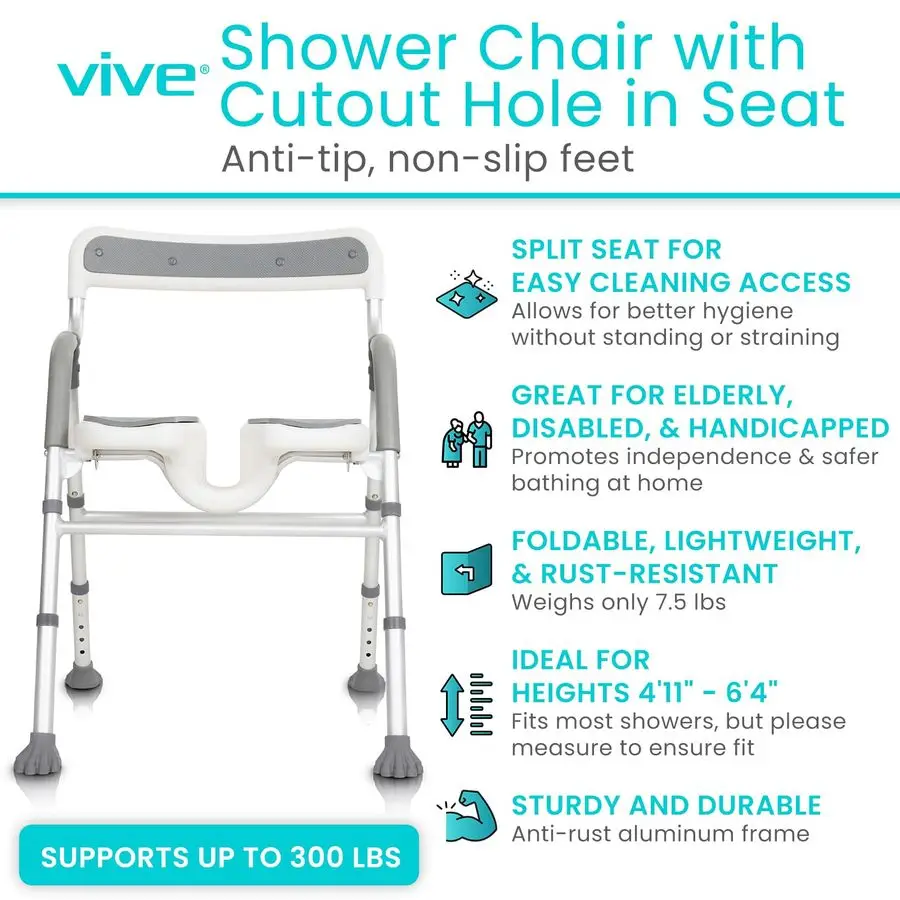 Shower Chair for Elderly amp Disabled Handicap Bath Chair with Arms amp UShape Foldable, Adjustable Height Padded Soaking w Bac