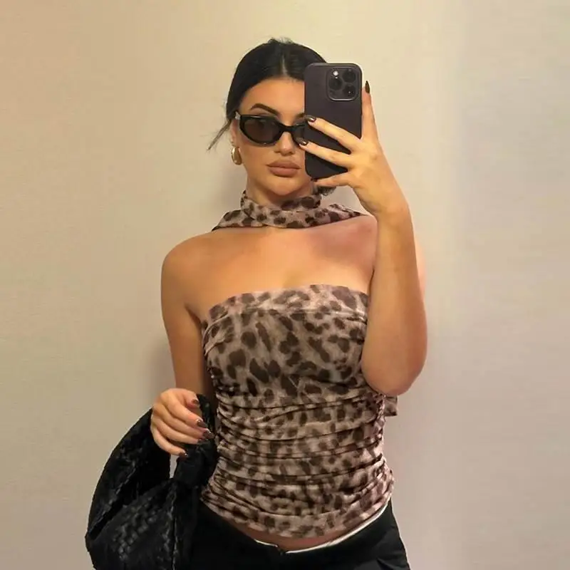

Personalized Leopard Print Sexy Slim Fit Strapl Vest Top Women's Faionable ort irt Six Sve Regular Thin